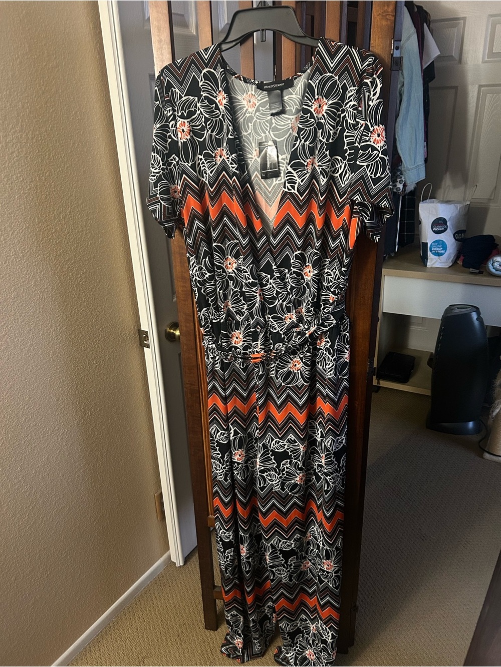 Ashley Stewart Black & Orange Floral Chevron Jumpsuit orig price $59 NWT
